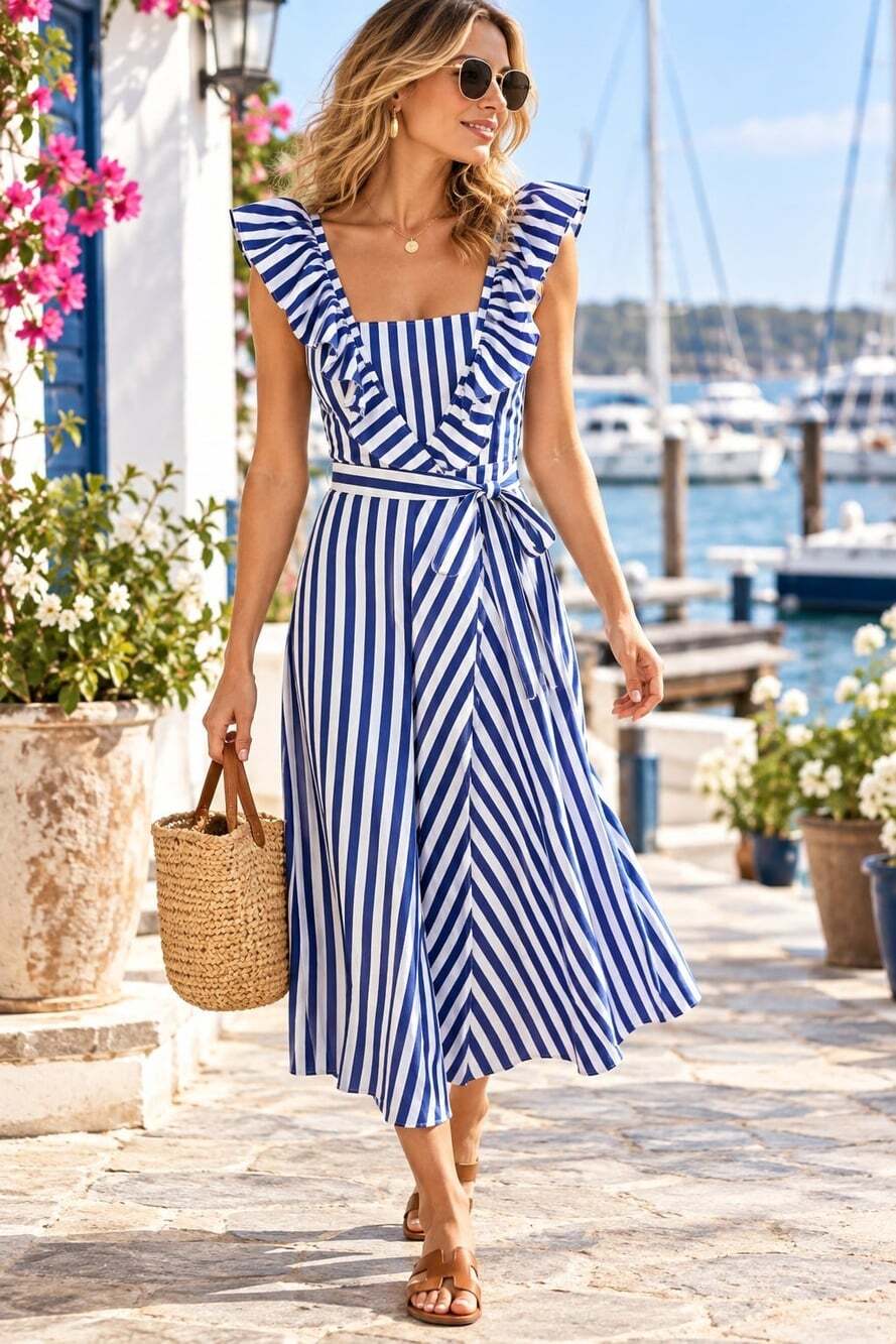 Polo Ralph Lauren Blue White Striped NWOT Nautical Preppy Midi Wrap Dress. Sz 6